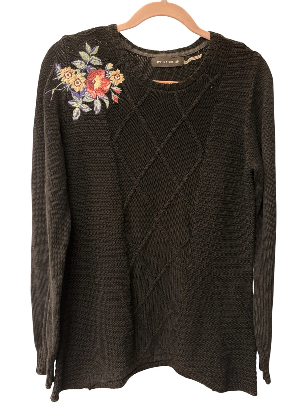 Ivanka Trump Black Cable Knit Crewneck Sweater